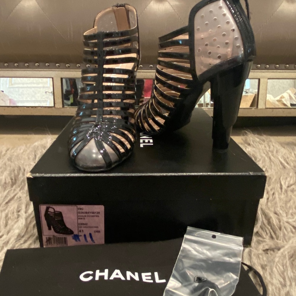 RARE AUTH CHANEL BLACK CAGE HEELS SZ 41/ US 11